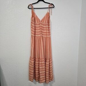 L Space Ava Dress Coral Stripe Tie Strap Tiered Maxi Dress Size Small